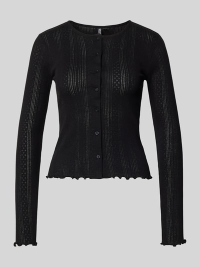 Produktfoto, Slim Fit Cardigan aus Baumwoll-Viskose-Mix Modell 'MARIE' von Pieces in schwarzer Melange-Optik mit Lochstrickmuster, Frill-Abschlüssen und einreihiger Knopfleiste.