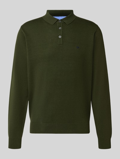Produktfoto, dunkelgrüner Strickpullover mit Polokragen und Knopfleiste von Fynch-Hatton, reine Baumwolle, Regular Fit, Label-Stitching