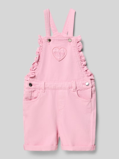 Produktfoto, Regular Fit Latzhose in Denim-Optik von Guess für Kinder aus reiner Baumwolle in Rosa mit 5-Pocket-Design, Logo-Stitching, Rüschenbesatz, Rückenlänge bei Größe 116: 51 cm