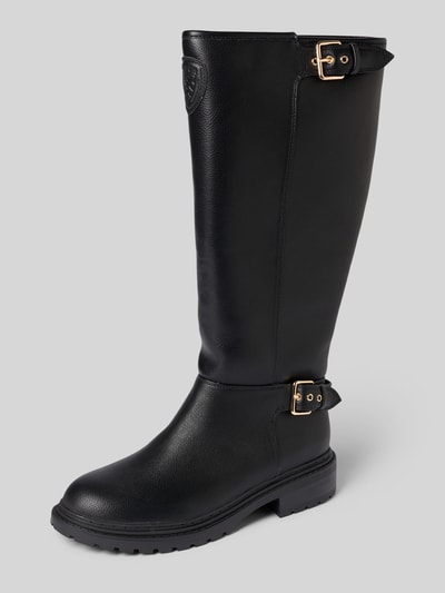 Produktfoto, Stiefel mit Dornschließen Modell 'ELLIS' von Blauer USA, schwarze Farbe, abgerundete Spitze, Reißverschluss, Label-Detail, robuster Blockabsatz, Lederoptik mit feiner Textur, moderner Damen Schuh, 5 cm Absatzhöhe, 40 cm Schafthöhe, 19 cm Schaftweite, seitlich fotografiert.