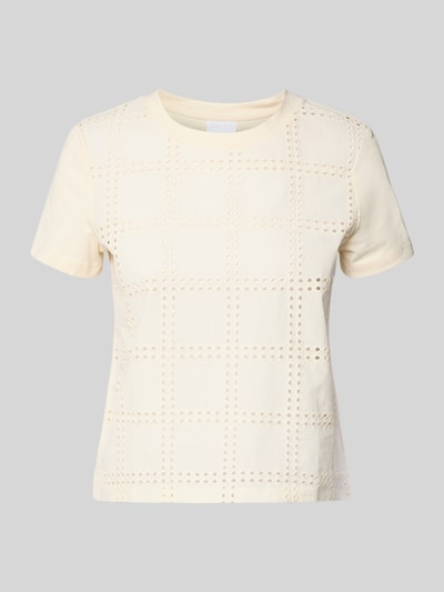 Produktfoto, T-Shirt met Lochstickerei van Jake*s Collection, pure katoen, regular fit, broderie, ronde hals, ruglengte maat S: 47 cm, crèmekleur, vierkant patroon