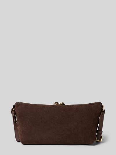 Produktfoto, Crossbody Bag aus echtem Leder Modell 'Debby' von FURLA in Dunkelbraun mit Reißverschluss und verstellbarem Schulterriemen, glatte und samtige Textur, Maße 32x17x14 cm, Schulterriemen 106 cm.