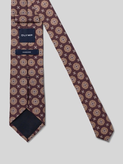 Produktfoto, Krawatte aus Seiden-Woll-Mix von OLYMP in Braun mit beigem und blauem Muster, weiche Textur, Nahaufnahme