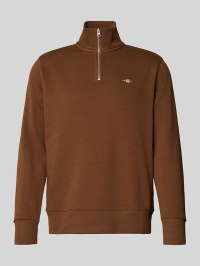Produktfoto, Sweatshirt met opstaande kraag en ritssluiting van Gant, katoenmix, regular fit, labelstitching, bruin, glad oppervlak