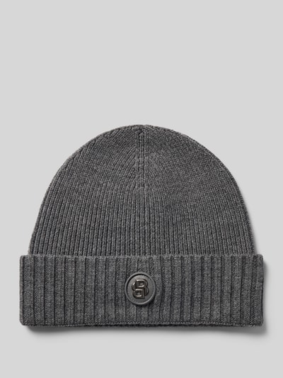 Produktfoto, Beanie mit Logo-Detail von BOSS BLACK, unifarben grau, Strickoptik, matt, Strukturmuster, Rippstrick, Umschlag