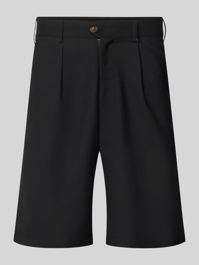 Productfoto, bermudas met Franse steekzakken van PROHIBITED, materiaalmix met viscose, straight fit, knoop- en ritssluiting, bandwijdte maat M 41 cm, binnenbeenlengte maat M 27 cm, zwarte kleur, gladde textuur