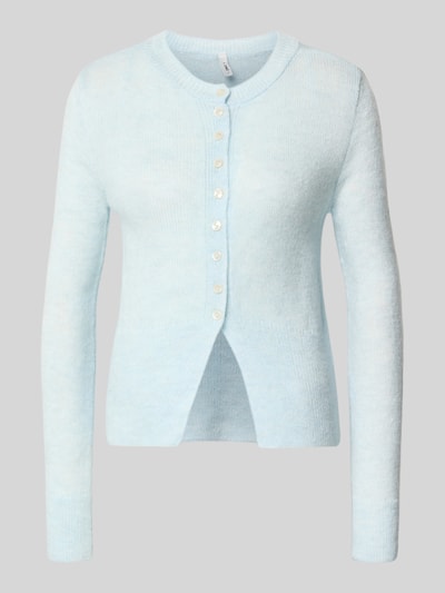 Produktfoto, Regular Fit Strickjacke mit einreihiger Knopfleiste Modell 'ELLA' von ONLY, Damen, Optik: Unifarben, Materialverarbeitung: Strick, Rundhals, Langarm, gerippter Abschluss, hellblau, weiche Textur