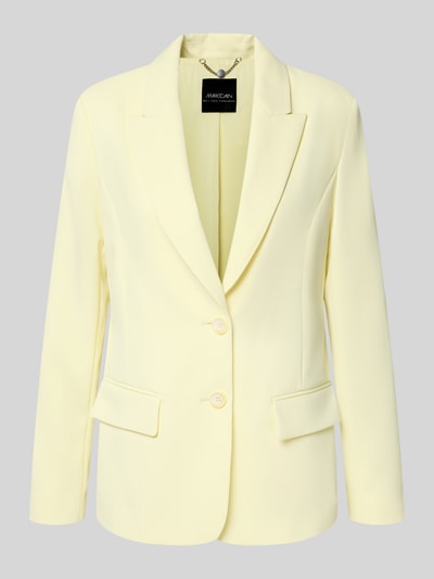 Produktfoto, Regular Fit Blazer mit Reverskragen von Marc Cain, elastyczna mieszanka materiałów, krój regular fit, kieszenie z patką, listwa z 2 guzikami, długość tyłu w rozmiarze 36: 66 cm, szerokość w rozmiarze 36: 48 cm, długość rękawów w rozmiarze 36: 62 cm, pastelowy żółty, gładka tekstura