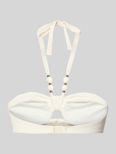 Produktfoto, Bikini-Oberteil mit Ziersteinen Modell 'Keneto' von Banana Moon, elastyczna mieszanka materiałów, fakturowany wzór, ozdobne kamienie, wiązanie na szyi, wycięcie, kolor ecru, gładka tekstura