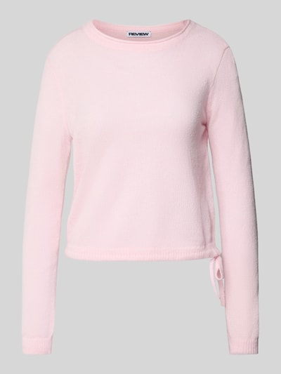 Produktfoto, Rundhals Pullover mit Tunnelzug von Review, luźny krój, prążkowane wykończenia, długość tyłu 52 cm, rękaw 62 cm, jasnoróżowy kolor