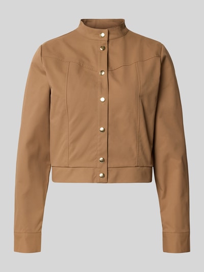 Produktfoto, Jacke mit Stehkragen und Knopfleiste von monari in Braun, Regular-Fit, Teilungsnähte, glatte Textur, Rückenlänge 46 cm, Schulterbreite 36 cm, Brustweite 48 cm, Ärmellänge 63 cm