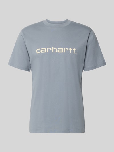 Produktfoto, T-Shirt aus Baumwolle Modell 'Script' von Carhartt Work In Progress, hellblau, gerader Schnitt, Rundhalsausschnitt, Label-Print