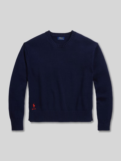 Produktfoto, Regular Fit Strickpullover aus reiner Baumwolle von Polo Ralph Lauren in dunkelblau, unifarben, mit Logo-Stitching, Crew Neck, gerippten Bündchen und Seitenschlitzen, Strickstruktur, für Damen.