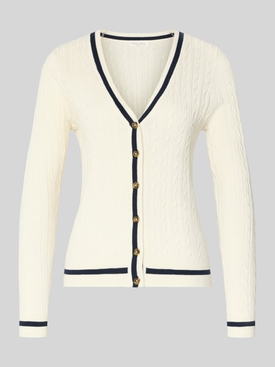 Produktfoto, 'Strickjacke mit V-Ausschnitt' van Christian Berg Woman, katoenmengsel, regular fit, geribde boorden, V-hals, knoopsluiting, crèmekleur, donkerblauwe accenten, 58 cm ruglengte maat S, 66 cm mouwlengte maat S, kabelstructuur.