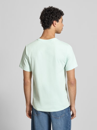 Männermodel trägt Regular Fit T-Shirt aus Baumwoll-Mix Modell 'EVOLUTION' von The North Face in Hellgrün, Rückenlänge 71 cm, Ganzkörperansicht Rückansicht
