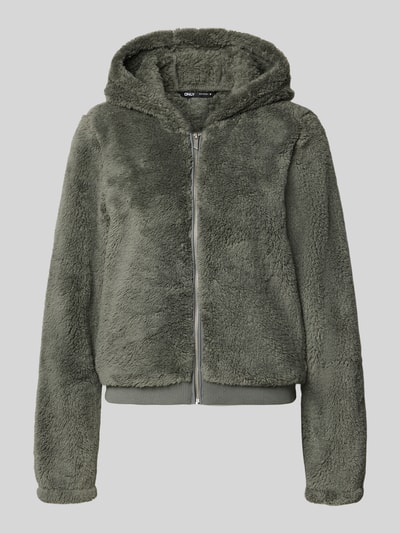 Produktfoto, Regular Fit Teddyjacke mit Kapuze Modell 'NEWANNA' von ONLY in grauer Felloptik, weiche Textur, Damen Sweatjacke von ONLY