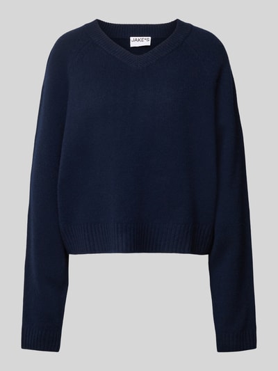 Jake*s Casual Wollen pullover met afgeronde V-hals Donkerblauw - 1