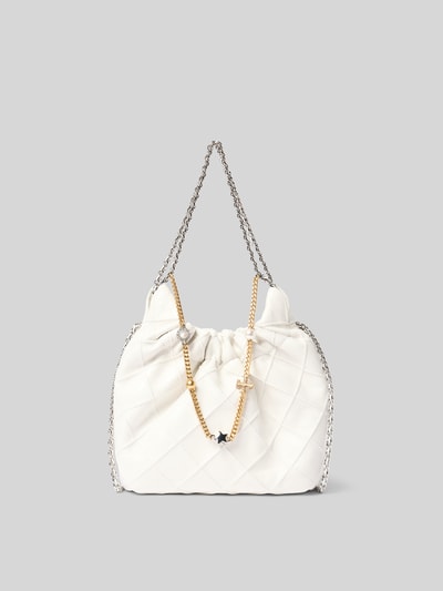 Produktfoto, Hobo Bag mit Tragehenkel von Tory Burch in Weiß mit Rautensteppung, Tragehenkel, Schulterriemen, Breite 17 cm, Länge 22 cm, Tiefe 7 cm.