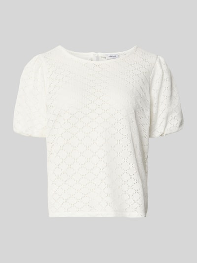 Produktfoto, Strickshirt mit Puffärmeln von More & More, weiß, feine Lochstruktur, Baumwoll-Mix, Regular-Fit, Rundhalsausschnitt, Rückenlänge 55 cm bei Größe 36