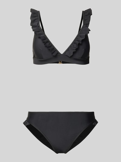 Produktfoto, schwarzes Bikini-Set mit Rüschen aus glattem Material-Mix, körpernahe Passform, Modell 'BOBBY' von Shiwi