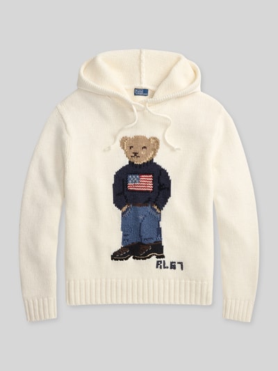 Produktfoto, Comfort Fit Strick-Hoodie mit Polo-Bear-Intarsia von Polo Ralph Lauren in Creme, Leinen-Baumwoll-Mix, unifarben, Rippenabschlüsse