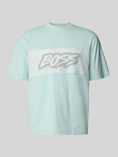 Produktfoto, Regular Fit T-Shirt aus reiner Baumwolle Modell 'TE_BAYMESH' von BOSS Orange in Hellblau, unifarben, Mesh-Details, Label-Print.