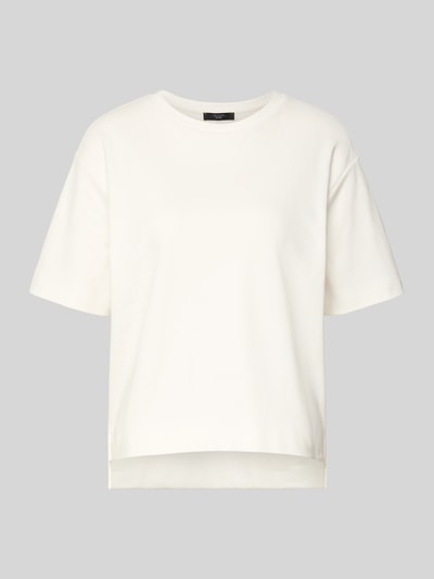 Produktfoto, Regular Fit T-Shirt aus reiner Baumwolle Modell 'MULTID' von Weekend Max Mara in Optik: Unifarben, Logo-Print, Feinripp, Kurzarm, Rundhals, asymmetrischer Rumpfabschluss mit Seitenschlitzen