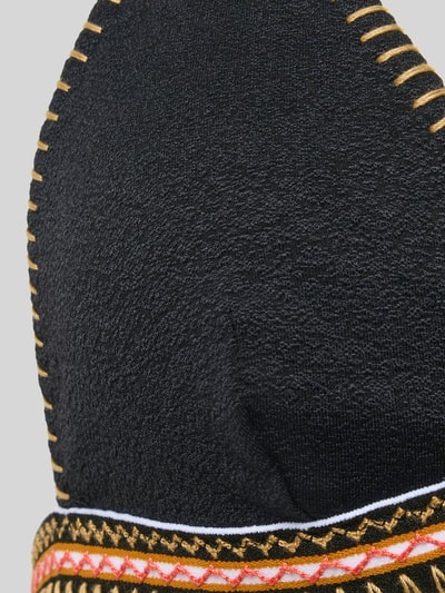 Produktfoto, Bikini-Oberteil mit Schnürung Modell 'WAKO SANTANY' von Banana Moon, mieszanka materiałów z dodatkiem streczu, dopasowany krój, efektowne czarne tło z kolorowymi akcentami, damska góra od bikini