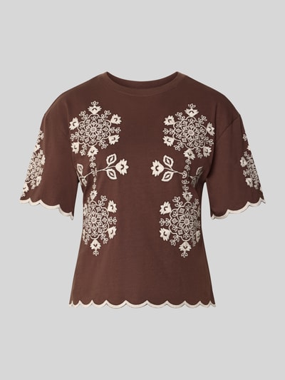 Produktfoto, T-shirt met golvende zoom en motiefstitching van Jake*s Casual, puur katoen, recht model, ronde hals, ruglengte maat 36: 50 cm, bruin met witte details