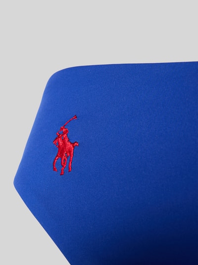 Produktfoto, Bikini-Hose mit Logo-Stitching von Polo Ralph Lauren, Optik: Unifarben, rote Logo-Stitching-Applikation auf blauem Stoff