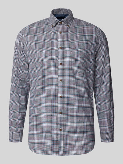 Produktfoto, Regular Fit Freizeithemd mit Button-Down-Kragen von Christian Berg Men aus reiner Baumwolle mit Allover-Karomuster in Blau und Grau