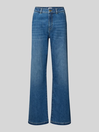 Produktfoto, Flared Jeans mit Eingrifftaschen von Jake*s Collection, blauer Used-Look, ausgestellter Schnitt, sichtbare Gesäßtaschen