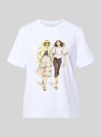 Produktfoto, T-Shirt mit Motiv-Print und Strasssteinbesatz von Rich & Royal aus białej bio-bawełny, krój straight fit, okrągły dekolt, długość tyłu w rozmiarze S 58 cm