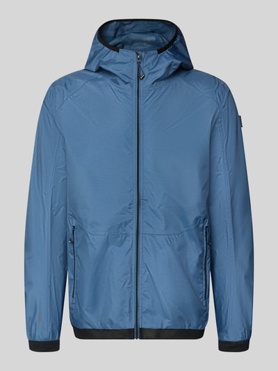 Produktfoto, blauwe heren jack met capuchon, recht model, ritssluiting, labelpatch, zij-ritszakken, elastische mouwboord, model 'KOS' van Killtec, ruglengte maat M 74 cm, schouderbreedte 52 cm, borstwijdte 58 cm, mouwlengte 68 cm