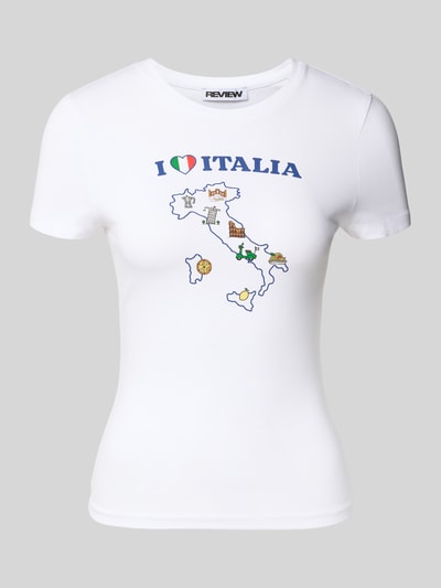 Produktfoto, Slim Fit T-Shirt mit Motiv-Print und Rundhalsausschnitt von REVIEW, weiß, Baumwoll-Elasthan-Mix, Karte Italiens, 52 cm Rückenlänge
