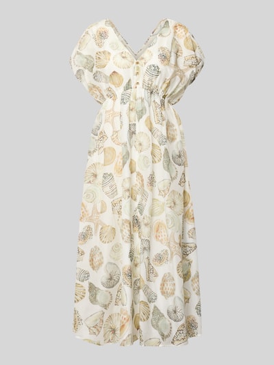 Produktfoto, Midikleid mit Seide-Anteil und kurzer Knopfleiste von Marc Cain im hellen Baumwoll-Mix mit Taillierter Schnitt, Muschel-Muster, V-Ausschnitt, Ärmel mit Bindung, blickdichtes Unterkleid, rückseitiger V-Ausschnitt.