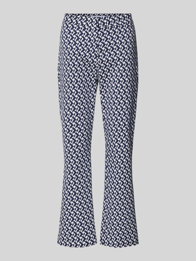 Produktfoto, stoffen broek met geometrische all-over print, Flared fit, mix van katoen en elastaan, model 'Maika' van Raffaello Rossi, haakjes- en ritssluiting, bandwijdte 41 cm, binnenbeenlengte 69 cm, maat 36.