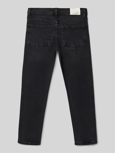 Produktfoto, Jeans mit 5-Pocket-Design von Mango aus Baumwoll-Elasthan-Mix in Dunkelblau, Slim Fit, Struktur fein, Rückansicht.