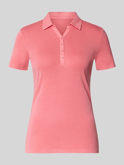 Produktfoto, Regular Fit Poloshirt aus reiner Baumwolle von Tom Tailor, Optik: Unifarben, Polokragen, V-Ausschnitt, kurze Knopfleiste, Ärmelform: Kurzarm, Materialverarbeitung: Jersey, Farbe: Rosa, glatte Textur.