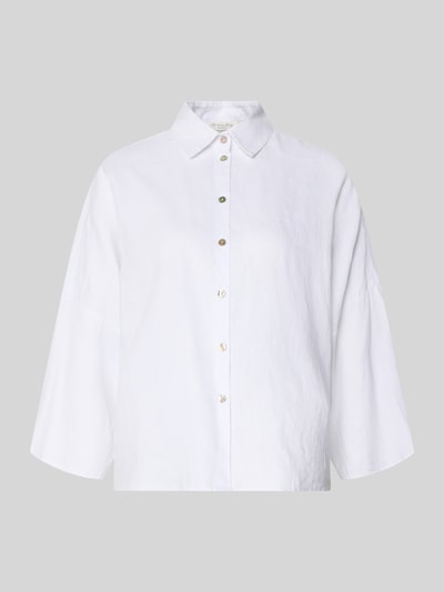 Produktfoto, Leinenbluse mit überschnittenen Schultern von Christian Berg Woman aus weißem Leinen, Kentkragen, Knopfleiste, Loose-Fit, 3/4-Arm, Rückenlänge 63 cm, Ärmellänge 54 cm, Damen.
