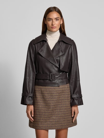 Oui Kurtka z imitacji skóry z kołnierzem z połami i paskiem Ciemnobrązowy 4