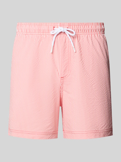 Produktfoto, Badehose aus Seersucker mit elastischem Bund Modell 'MAUI OCEAN' von Jack & Jones, Regular-Fit, Kordelzug, vertikale rosa-weiße Streifen, leichte Seersucker-Struktur