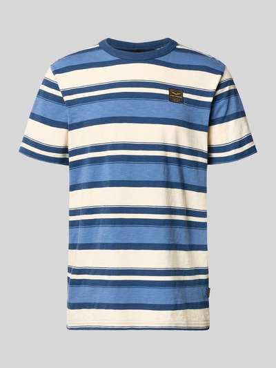 Produktfoto, T-Shirt mit Rundhalsausschnitt und Label-Stitching von PME Legend aus reiner Baumwolle, Regular Fit, blau-weiße Streifen, strukturierte Oberfläche