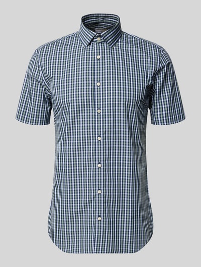 Produktfoto, Slim Fit Business-Hemd aus Baumwolle mit Kentkragen von Jake*s, niebiesko-zielona kratka, krój slim fit, półrękaw, czysta bawełna
