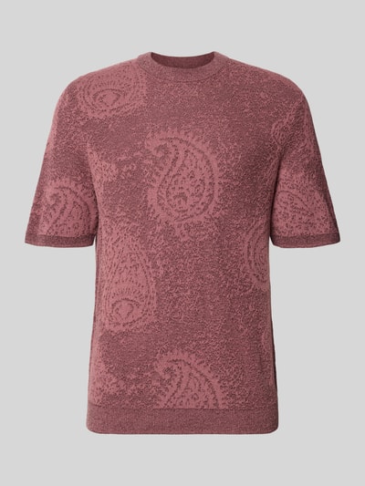 Produktfoto, Strickshirt im Allover-Look mit Rundhalsausschnitt von Jake*s, mieszanka bawełny, krój slim fit, wzór na całej powierzchni, kolor bordowy, długość tyłu w rozmiarze M: 71 cm, długość rękawów w rozmiarze M: 39 cm