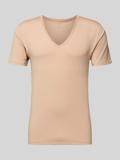 Produktfoto, T-Shirt mit V-Ausschnitt von Mey in Beige, schmal geschnitten aus Baumwoll-Mix mit Stretch-Anteil, für Herren, glatte Struktur.