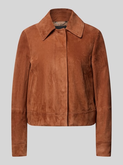 Produktfoto, brązowa kurtka skórzana z koziej skóry o matowej fakturze, Regular Fit Lederjacke aus echtem Ziegenleder Modell 'SAMARO' von BOSS, damska kurtka skórzana
