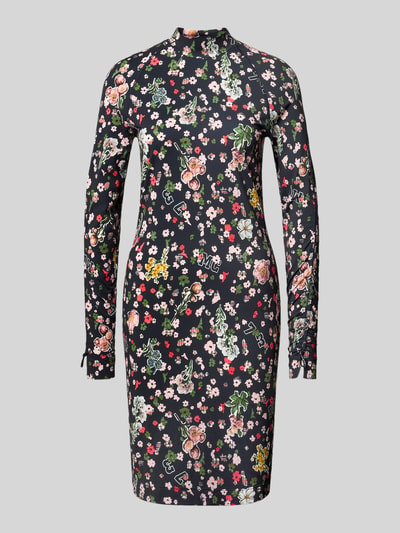 Produktfoto, Slim Fit Midikleid mit Stehkragen von Marc Cain, elastyczna mieszanka materiałów, kwiatowy nadruk na całej powierzchni, sukienka midi z długim rękawem, długość tyłu w rozmiarze 36 106 cm, szerokość w rozmiarze 36 42 cm, długość rękawów w rozmiarze 36 76 cm