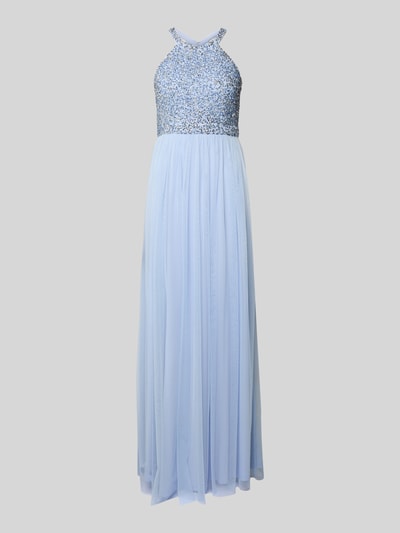 Produktfoto, Abendkleid mit Strasssteinbesatz und Rundhalsausschnitt von Jake*s Cocktail, hellblauer Chiffon, A-Linie, Maxilänge