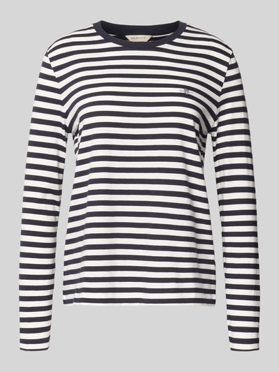 Produktfoto, Longsleeve mit Label-Stitching von Gant in Schwarz-Weiß gestreift, reine Baumwolle, Regular Fit, Rundhalsausschnitt, Damen